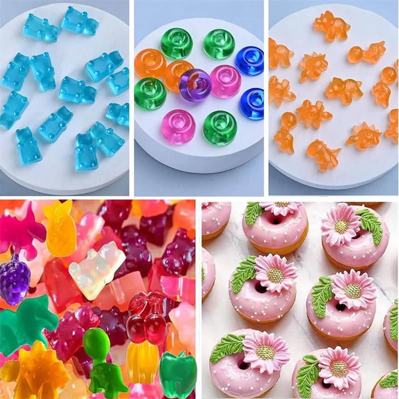 4PCS Silicone Gummy Molds Candy Mold Silicone with 2 Droppers for Convenient Filling Includes Dinosaur  Bear Donut Fruit