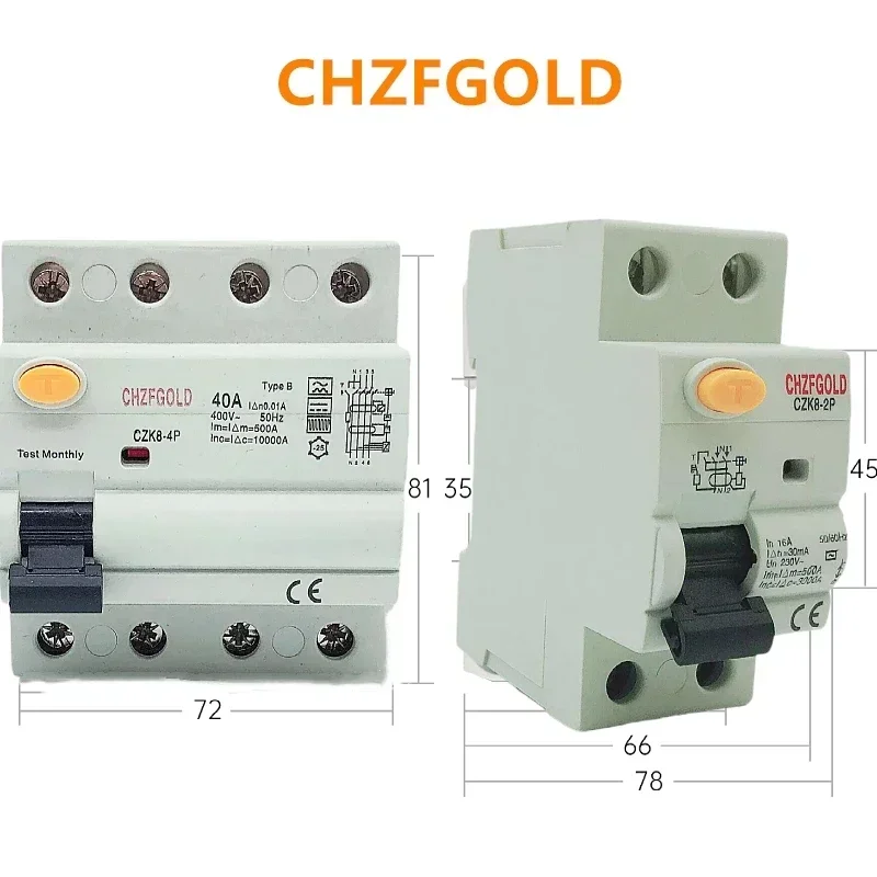 CHZFGOLD RCD RCCB Type B Earth Leakage Residual Circuit Breaker Evse 2P 4P AC 40a 63a 100a 30ma CZK8-100B 10KA Din Rail 220V 3