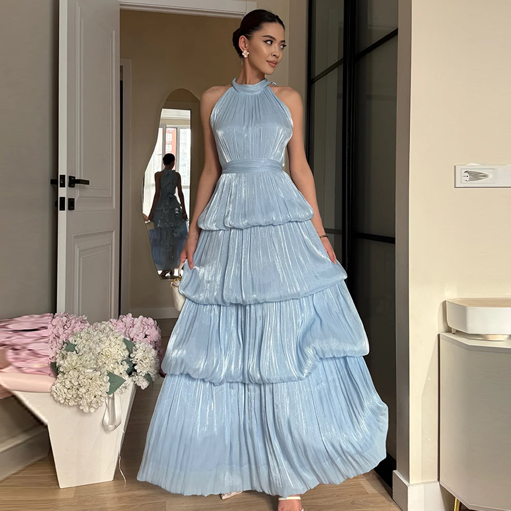 

Elegant Halter Sleeveless Evening Dress Dreamy Tiered Belt Customized Celebrity Gowns Sparkly Organza Prom Dresses