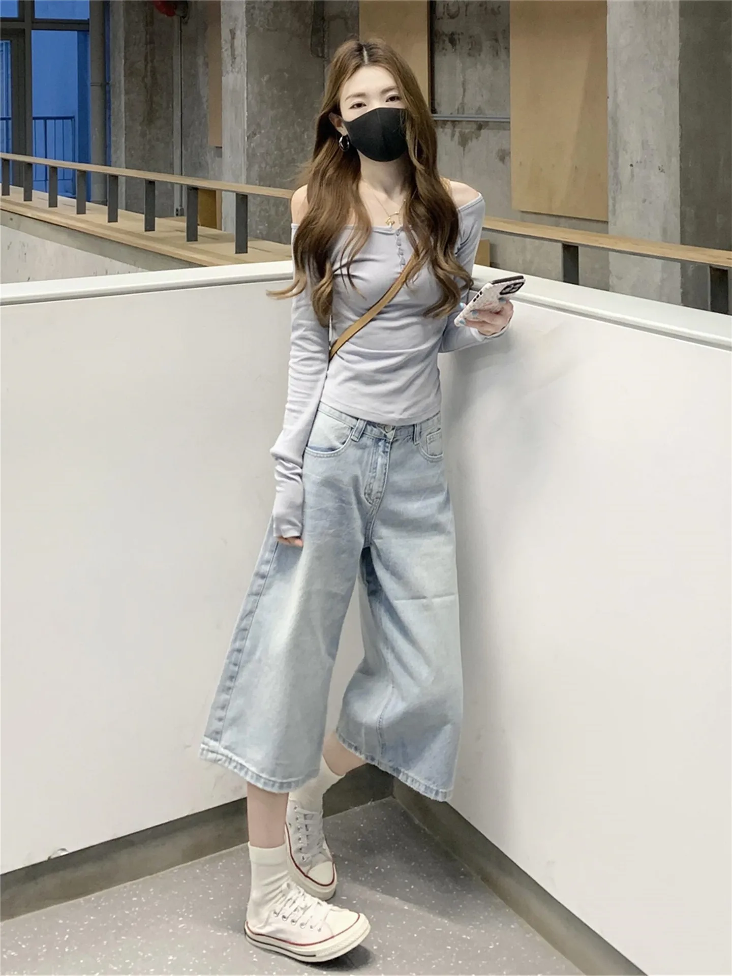 Retro American Light Blue Seven-Foot Pants Women Summer Loose Draped  Wash Straight Leg Wide Leg Jeans mid Pants