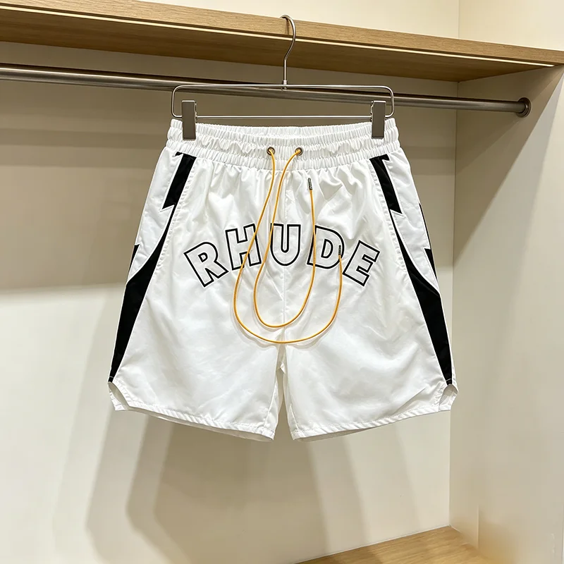 

New Arrival RHUDE Men Casual Shorts Elastic Drawstring Waist White Black Contrast Stripe Loose Hip Hop Daily Sports Shorts