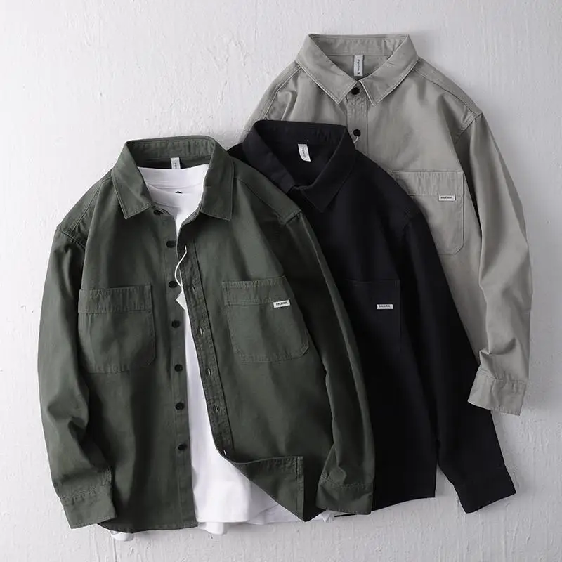 American Sle Retro Pure Cotton Work irt Men's Casual Jaet Spring Autumn Men's Faion Stand Fit Long Sve Button up