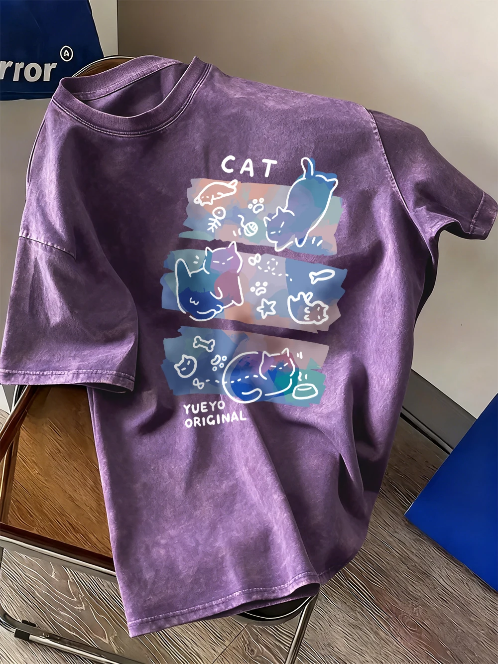 

Colorful Three Cats Trendy Printed Washed T-Shirts Womens Cotton Oversize T Shirt Casual Short Sleeve Tops Summer O-Neck Clothes