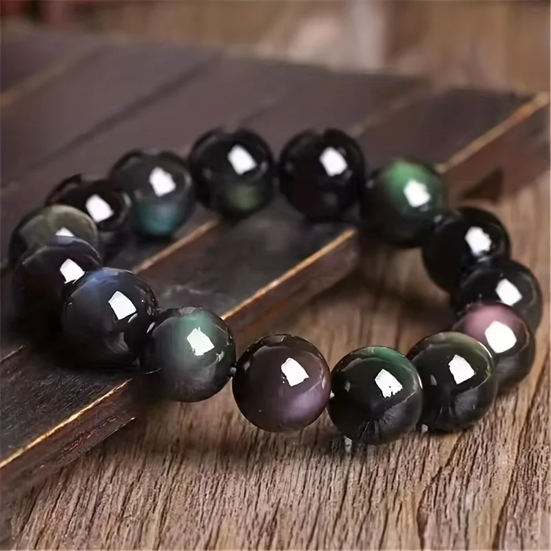 Natural Rainbow Eye Obsidian Adjustable Stretch Beaded Bracelet For Men Women - Perfect Gift For Halloween Loved Ones