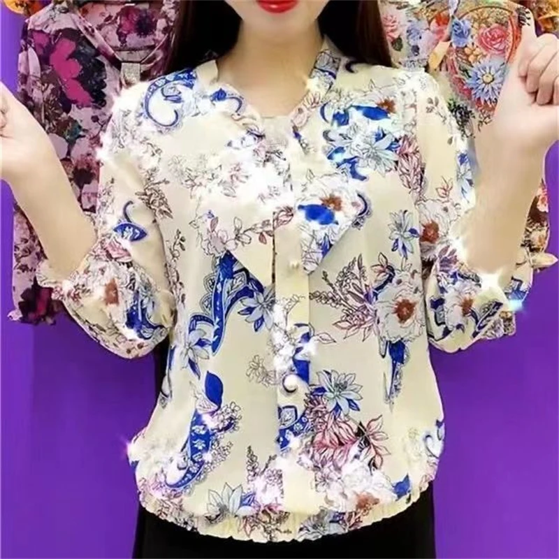 2024 Summer Women\'s Fashion Print Rhinestone Bow Blouse Casual Three Quarter Sleeve Chiffon Shirt Loose Tops Blusas Para Mujer