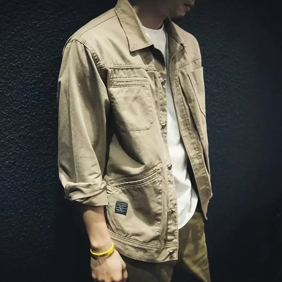 Denim Jackets Man Khaki Cargo Jeans Coat for Men Vintage Large