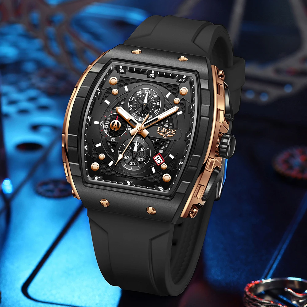 LIGE Men Watches Top Brand Luxury Square Silicone Watch For Men Fashion Military Quartz Waterproof Chronograph Relogio Masculino