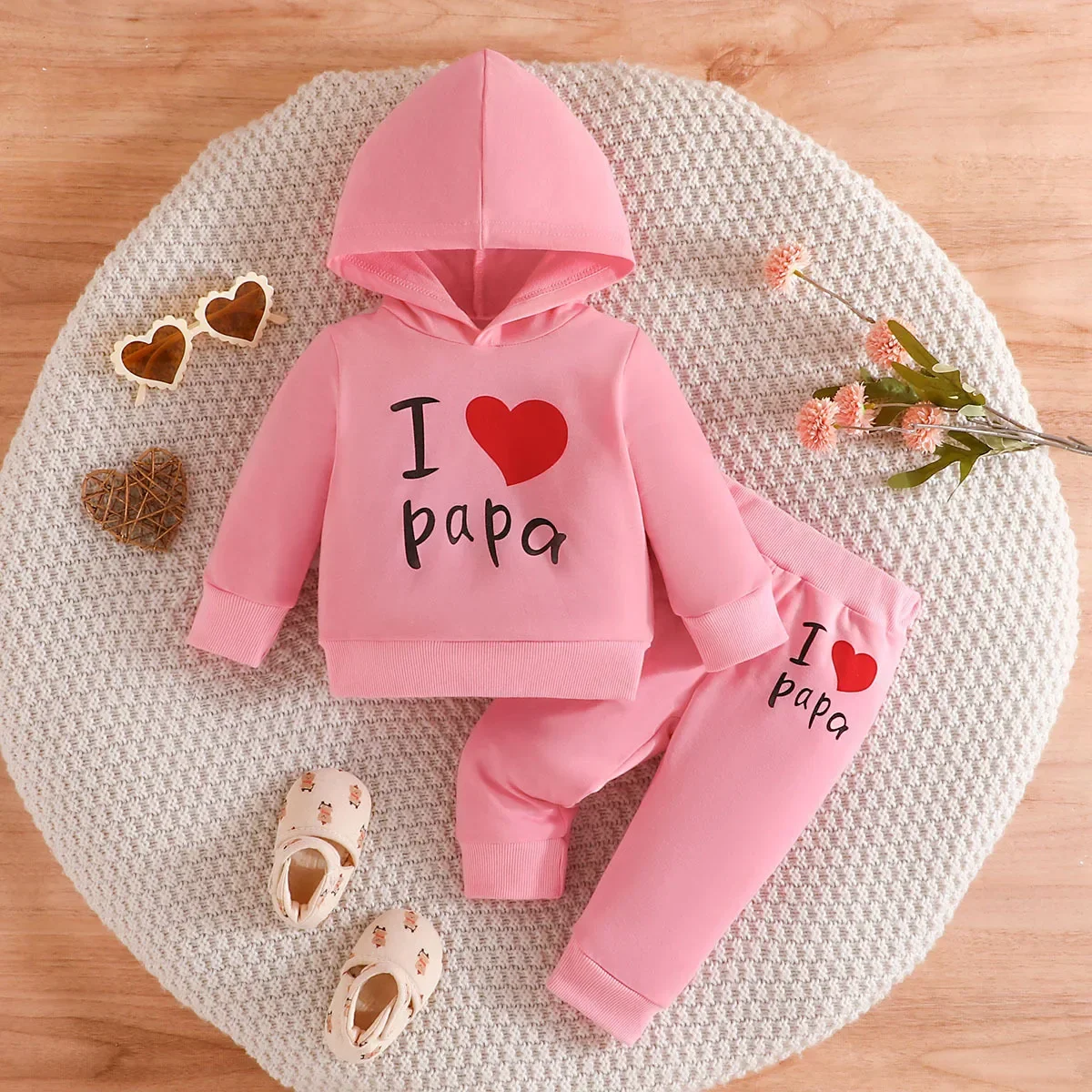 The new baby love letter print hooded sweatshirt pullover + trouser set foreign trade spot delivery