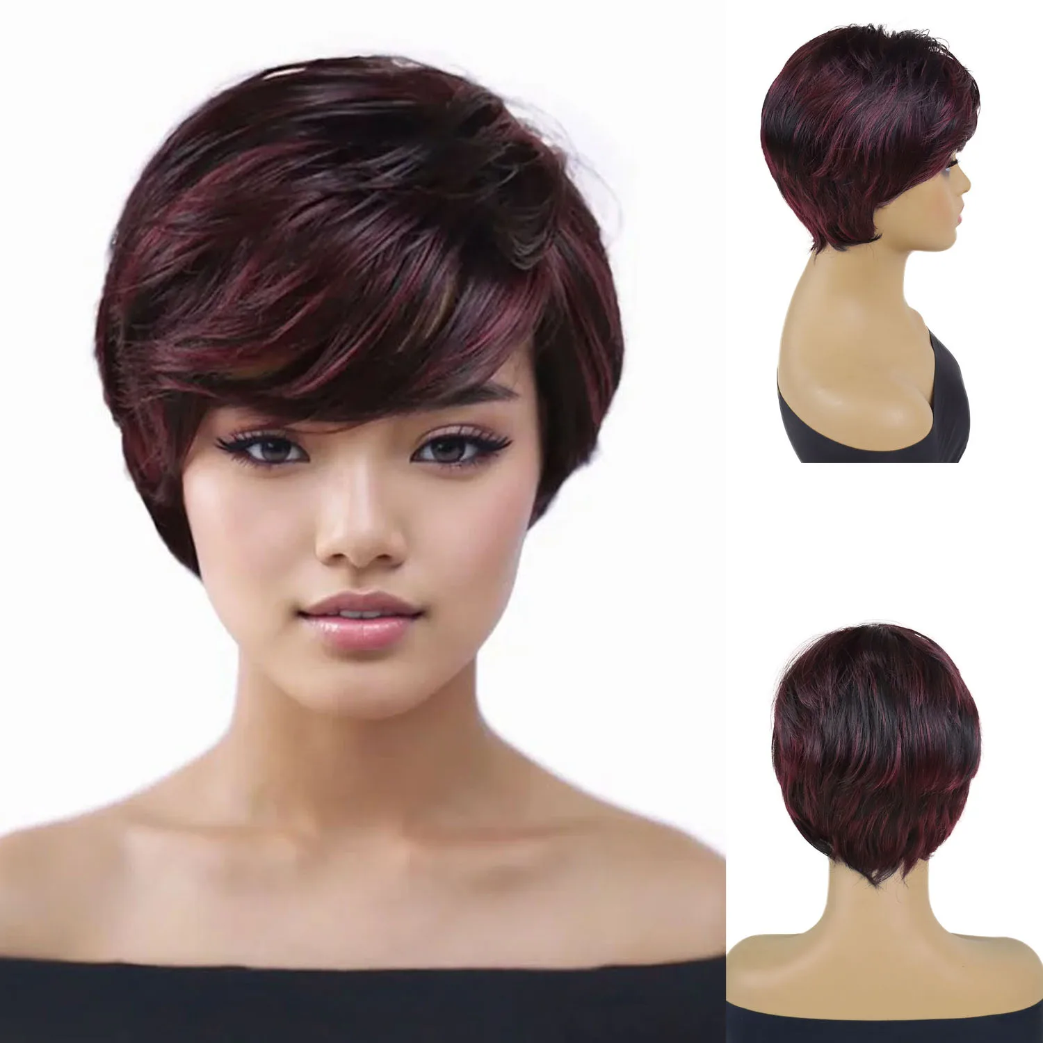 

Natural Pixie Cut Wig for Women Synthetic Short Mommy Wigs Mix Wine Red Wig with Bangs Straight Haircut Daily Cosplay Halloween