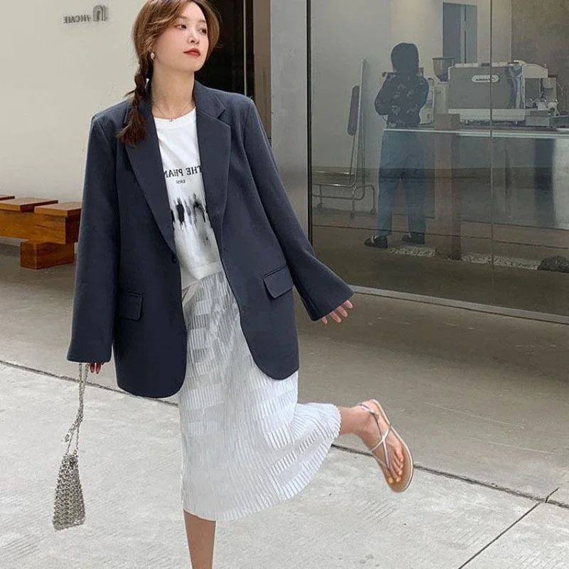 

Petite Women Korean Style Casual Single Breasted Gray Blazer Versatile Slimming Office Student Wear Eye Catching Long Sleeve