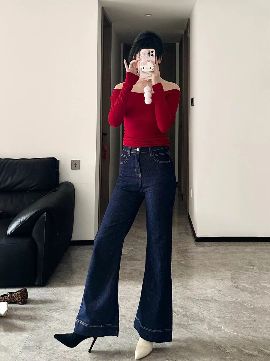 

Женские джинсы с высокой талией и широкими штанинами, весна-осень, большие размеры, микро-клеш, для фигуры типа «груша», свободные прямые брюки