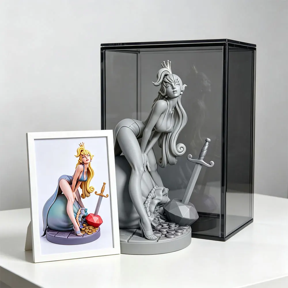 1/24/6 Adventure animation/treasure-hunting theme; 3D-printed statue of the young girl Daphne leaning over a treasure; unpainted