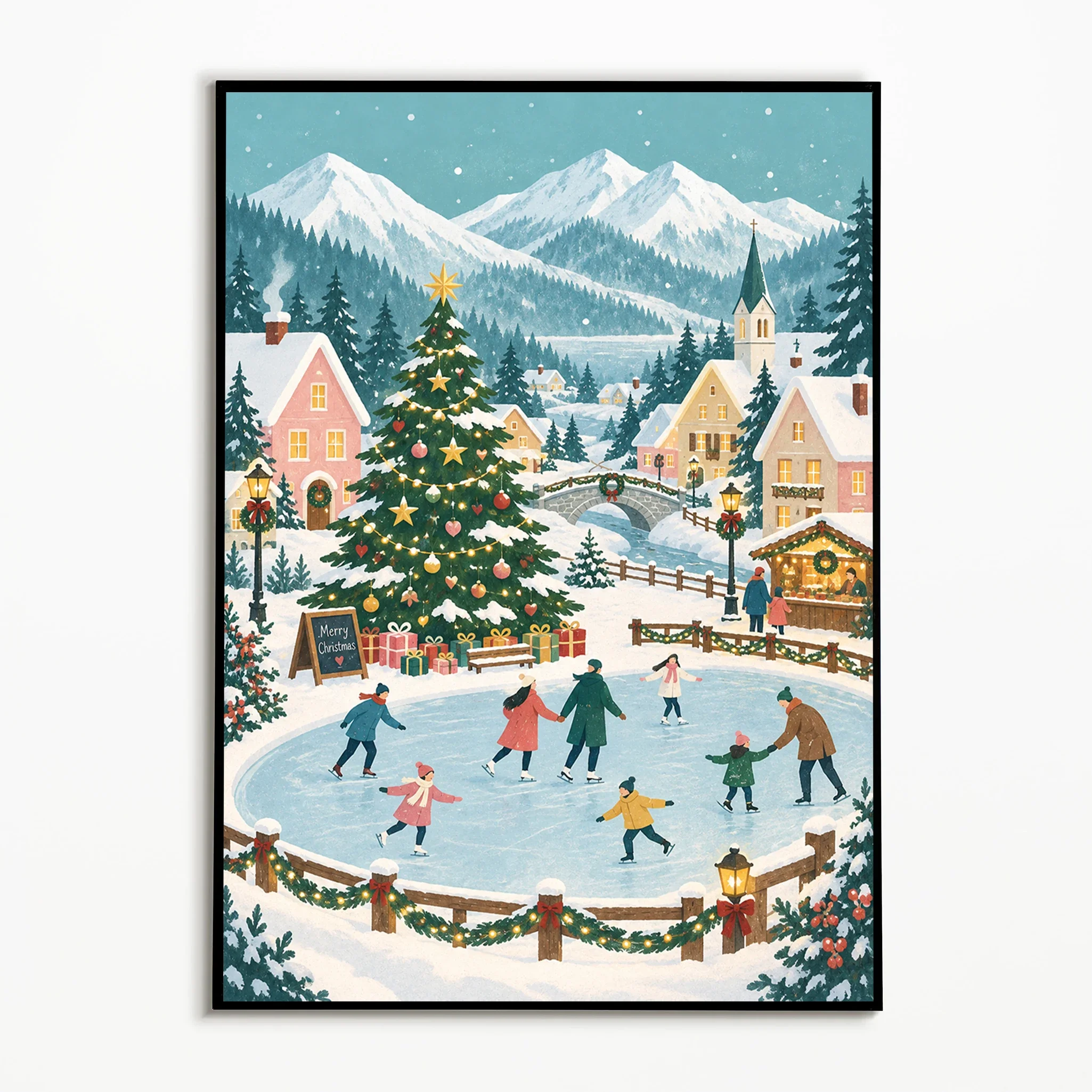 Multiple sizes 1pc frameless Large size Canvas Painting,1PC,Vintage Wall Art Christmas Ice Skating Town Posters Winter Canvas Pa