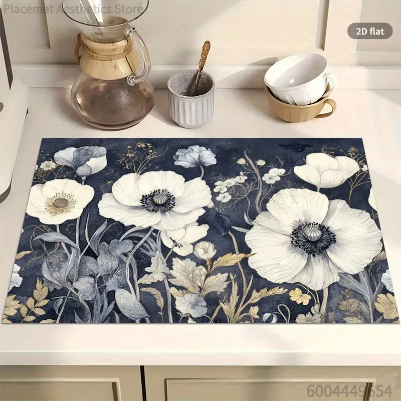 Floral Oil Painting Dish Drying Mat, Poppy Wildflower Landscape Print, Super Absorbent Kitchen Counter Drain Pad Decor Placemat