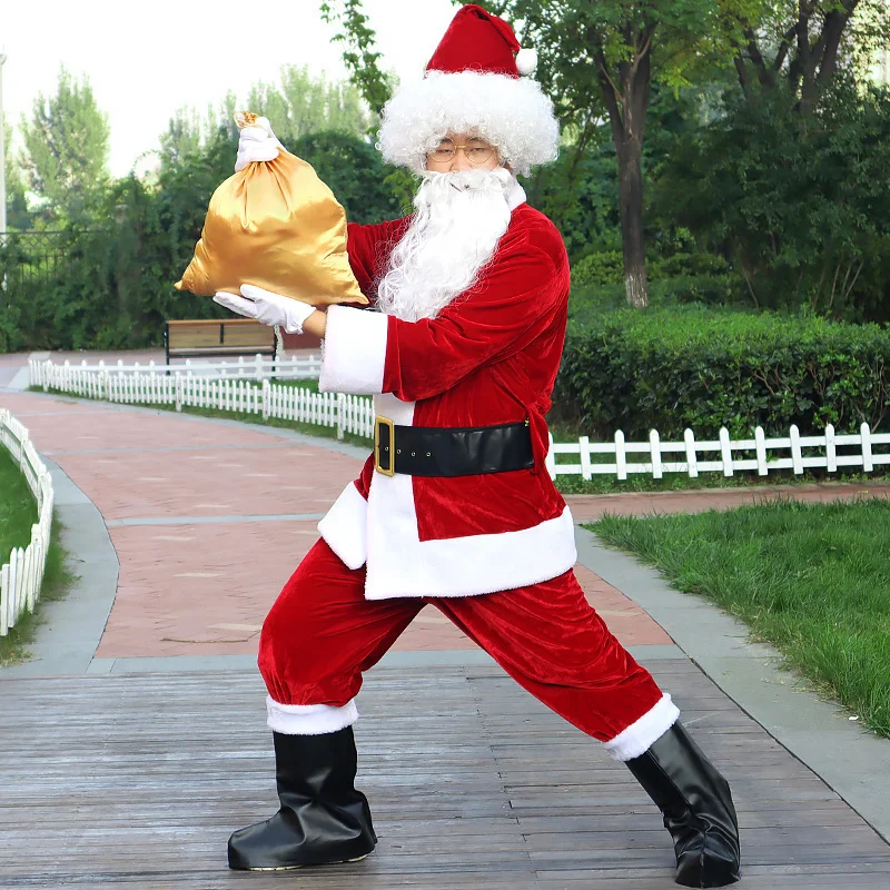 Christmas Santa Claus Costume Beard Lots Men Cosplay Santa Claus Clothes Fancy Dress In Christmas Men Costume Suit For Adults