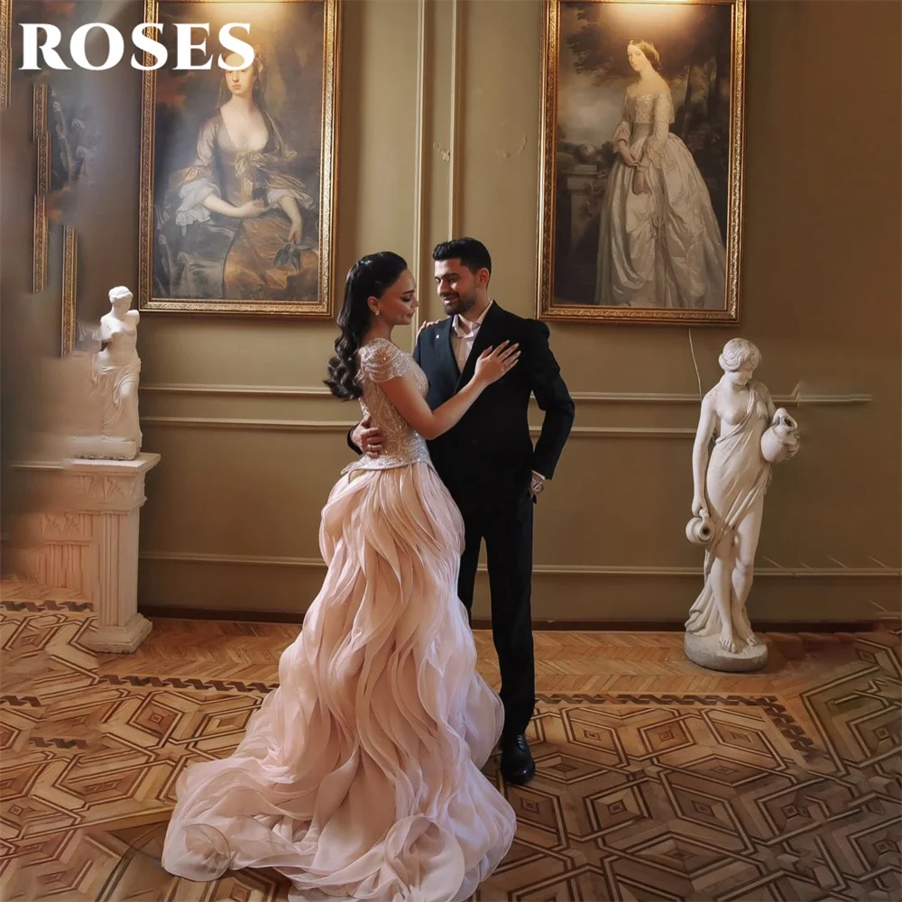 ROSES Blush Pink Party Dress Off Shoulder Evening Dress Beaded Bodice فساتين السهرة Wave Hem Gala Dress Customized