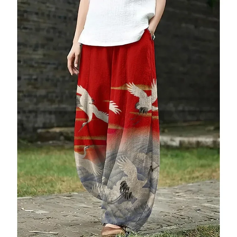 

Cranes Pine Trees Japanese Pattern Linen Blend Wide Leg Pants Harajuku Women's Trousers Loose Pocket Casual Pants Streetwear