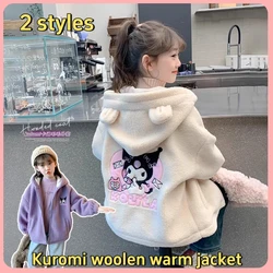 Winter 2024 New Cartoon Sanrio Kuromi Girls' Velvet Jacket Plus Velvet Children'S Polar Fleece Hooded Clothes Girls Winter Cloth