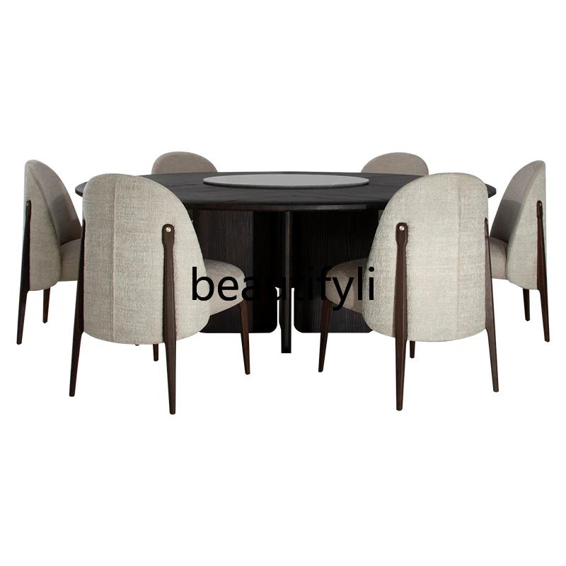 Italian minimalist all solid wood oak dining table natural marble living room round rice table and chair combination