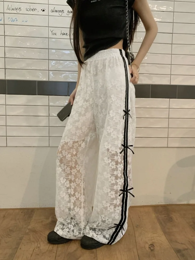 Y2k Lace Pants Women Coquette Clothes Cute Bow Sheer Elastic Waist Wide Leg Trousers Fairycore Clothing Streetwear