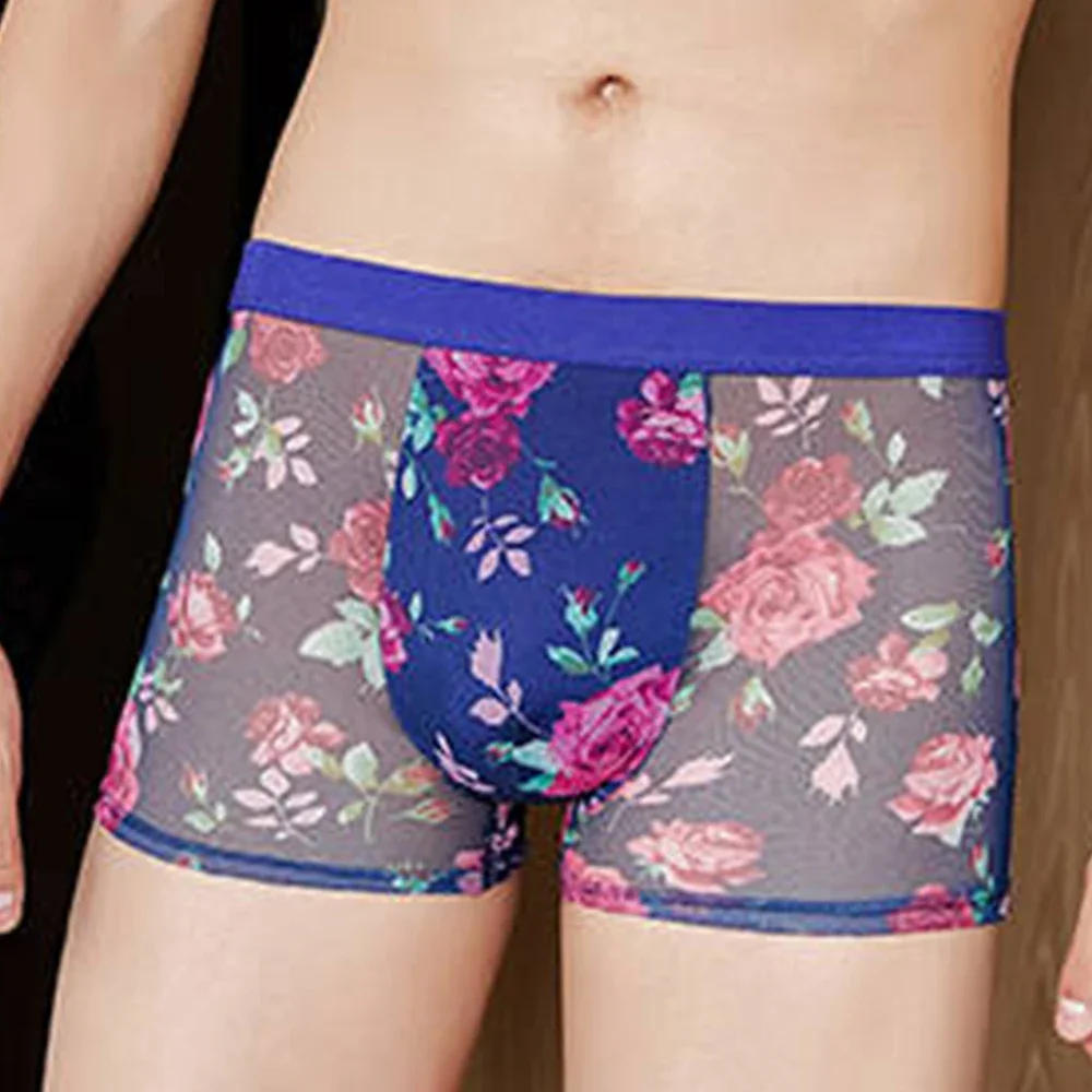 Sexy Heren Doorschijnende Dunne Boxers Mesh Bloemenprint Groot Formaat Ondergoed Ademende Transparante Slips Snel Droog Koele Zachte Lingerie