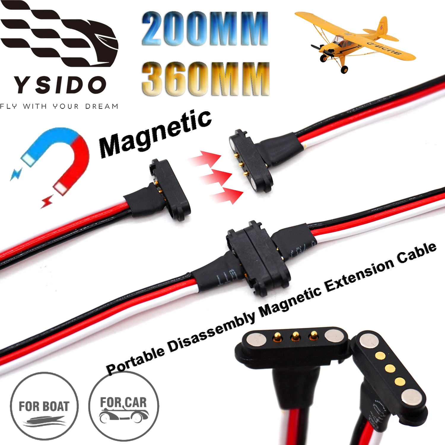 YSIDO 200mm 360mm Portable Disassembly Magnetic Extension Cable Male Female Head Connection for RC Model Airplane Car Boat DIY