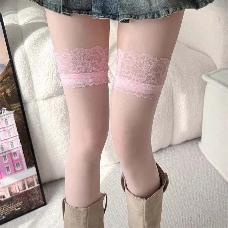 

M XL Big Size Women Sexy Lace Stockings Cute Pink Lolita Elastic Sheer Silk Medias Anti-slip Silicone Stay Up Knee High Socks