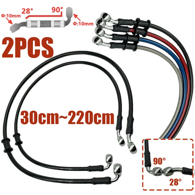 2Pcs 30cm-220cm Motorcycle Hydraulic Brake Hose Line 28°-90° 10mm Banjo For Suzuki Kawasaki Yamaha Honda Oil Pipe Braided Black