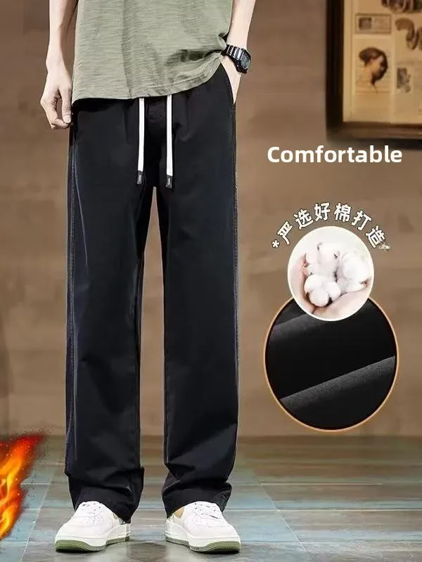 American High Street Wide Leg Workwear Pants Men's Casual Pants Autumn Winter New Loose Straight Long Pants Fleece Lined