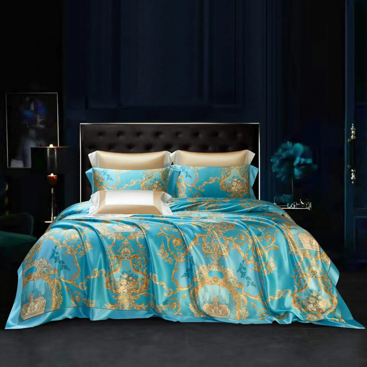 

Blue Gold Yarn-dyed Jacquard European and American Style 100% Mulberry Silk Top Luxury Retro Soft Silky Green 4pcs Bedding Set