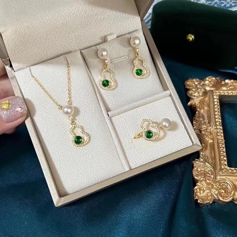 100% Natural Freshwater Pearl Necklace Pendant Earring Ring Set Lucky Green Gourd Zircon Three Piece Jewelry Set Exquisite Gift