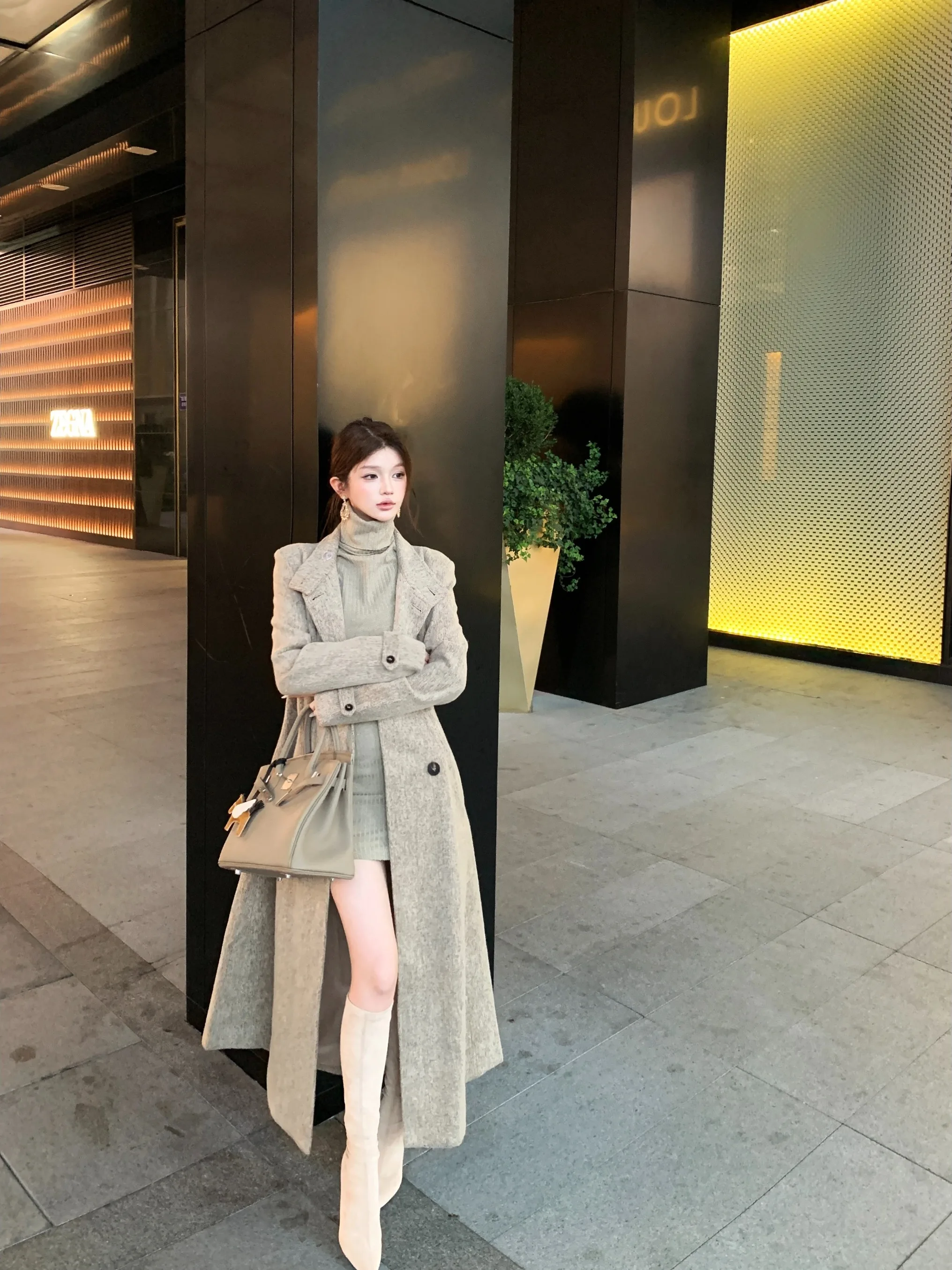 Retro Korean Style Double Row Button Stand Collar Woolen Coat Women's Mid-Length Slimming Elegant High-Quality Outerwear