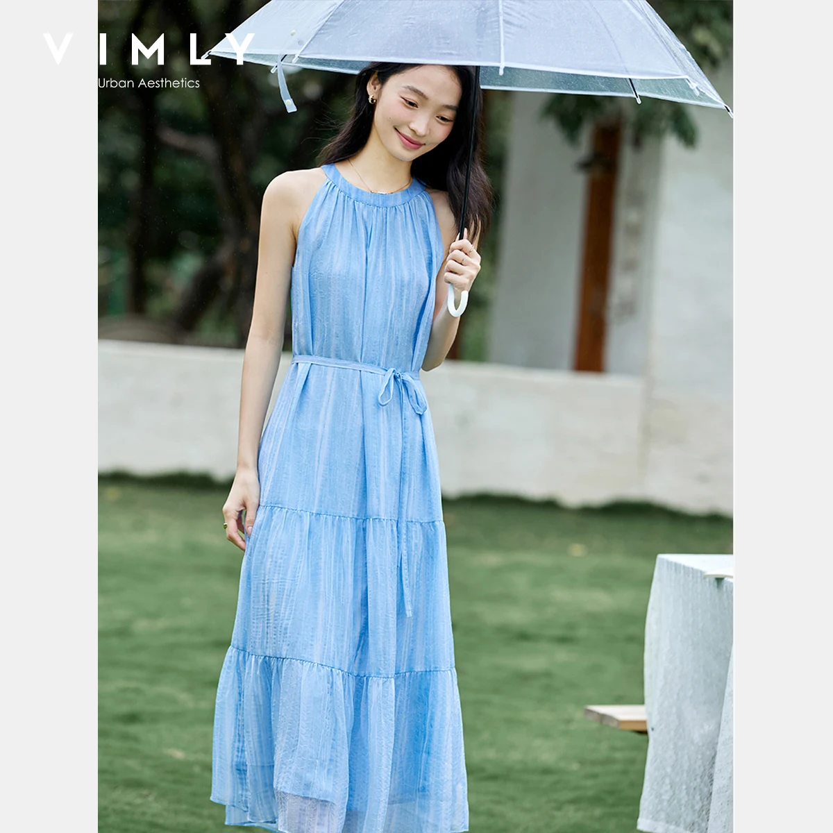 

VIMLY Midi Neck Suspender Dresses 2025 Woman Summer Vacation Tie Belt O-neck Halter Sleeveless Ladies Dress Woman Clothing A1907