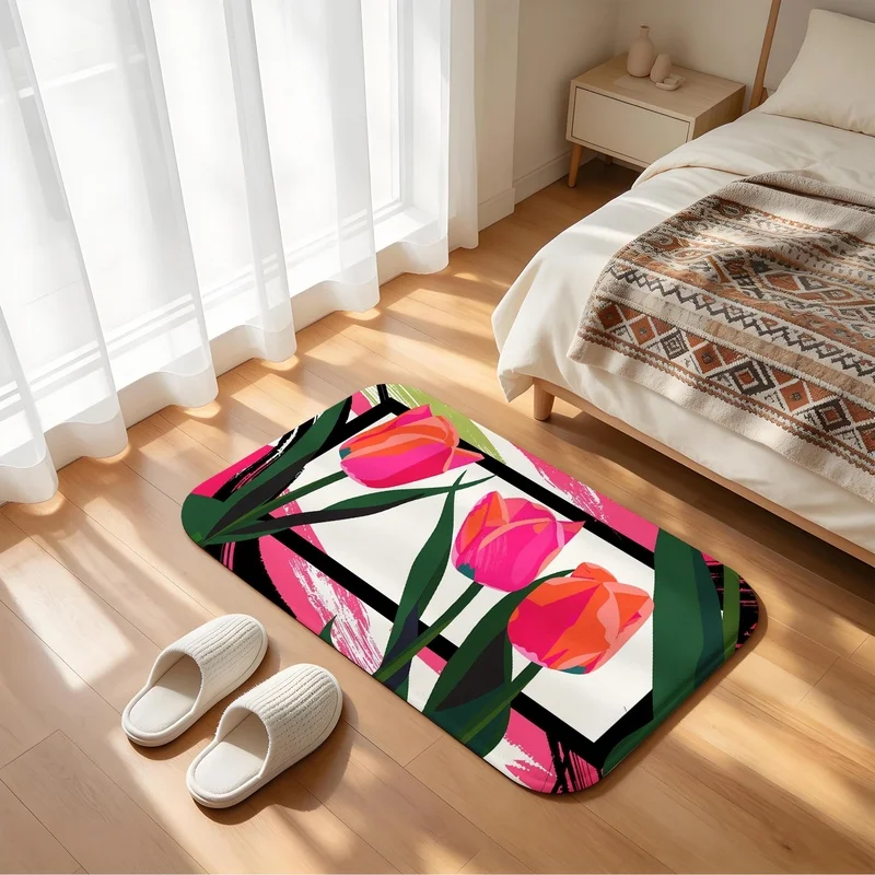 Abstract Bright Tulip Print Doormat Non Slip Absorbent Floor Mat Entryway Bathroom Home Decor Rug