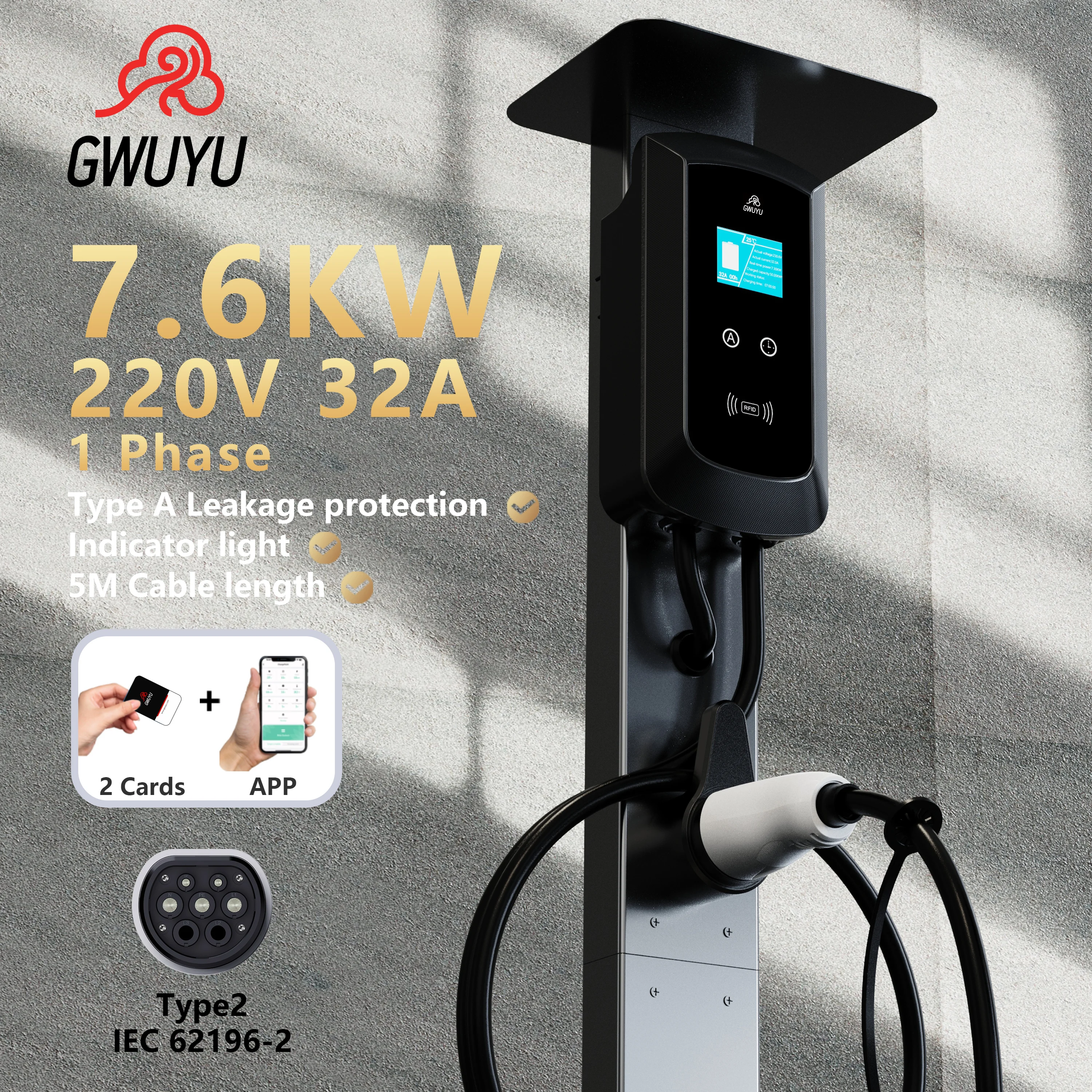 

GWUYU JZ14 Smart Electric Car Charger 22KW Wallbox 5M Cable Type 2 IEC62196-2 32A 380V Outdoor Wallmount EV Charging Station APP