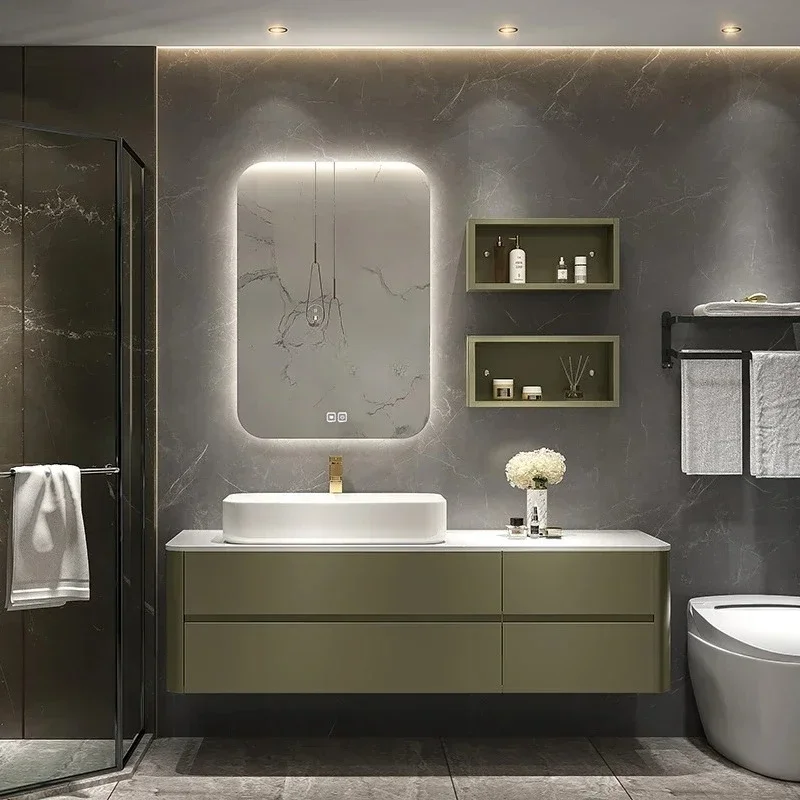 Light Luxury Stone Plate Bathroom Cabinet Finished Table Basin Solid Wood Paint Bathroom Cabinet Wash Basin Cabinet Washstand