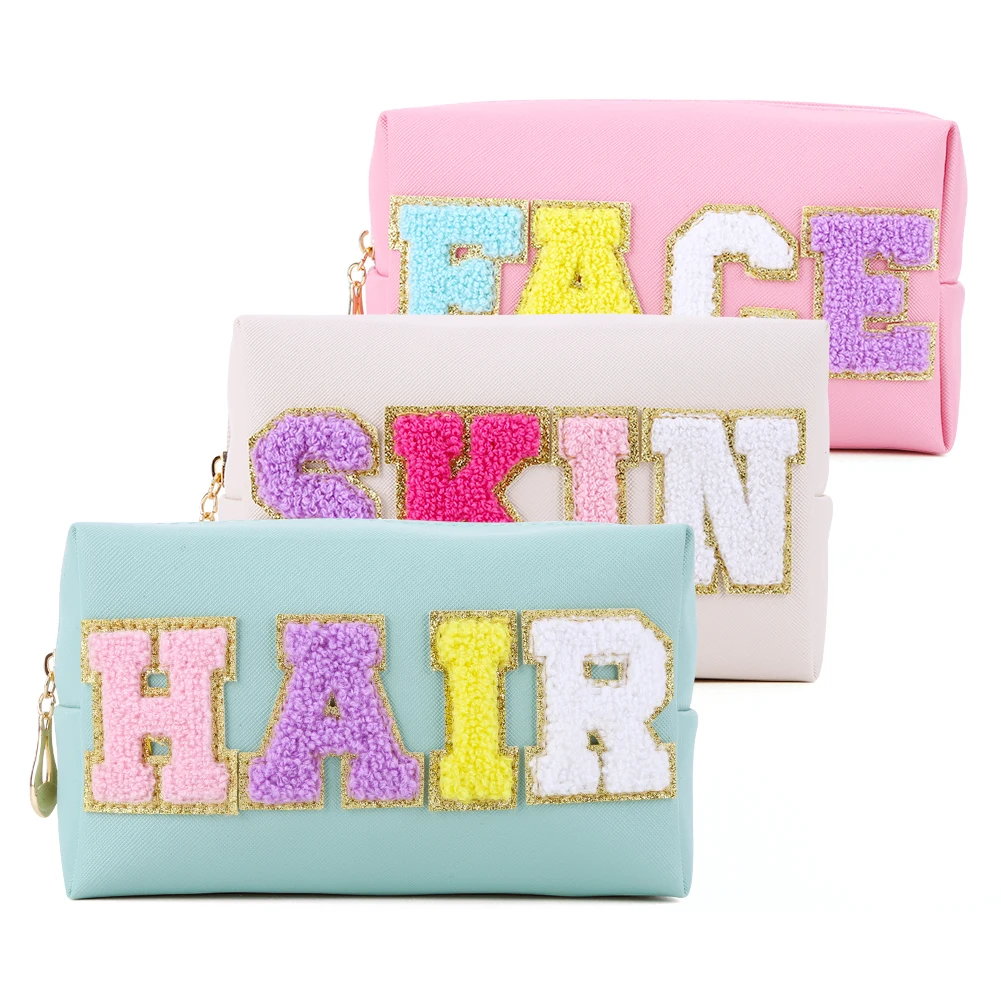 3PCS Face Hair Skin Bag with Patches Chenille Letter Makeup Organizer Bag Set Zipper Closure PU Leather for Travel Accessories