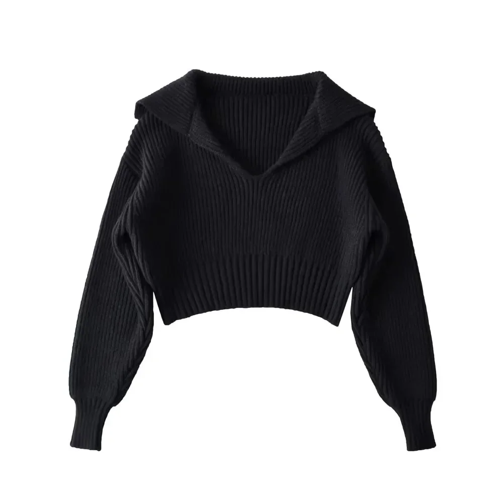 Women Turn Down Collar Sweaters Spliced Casual Pullovers Thick Loose Solid Full Sleeve Short Jumpers Elegant Lady Knit