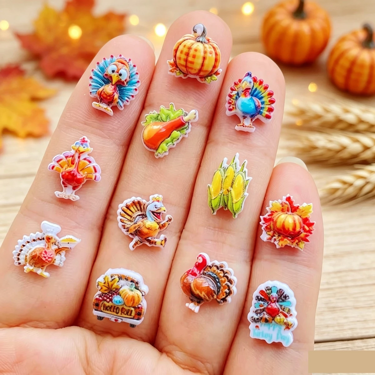 60Pcs Mixed Thanksgiving Resin Nail Charms Pumpkin Corn Gourd Truck Maple Leaf 3D Flatback DIY Nail Art Craft Supplies