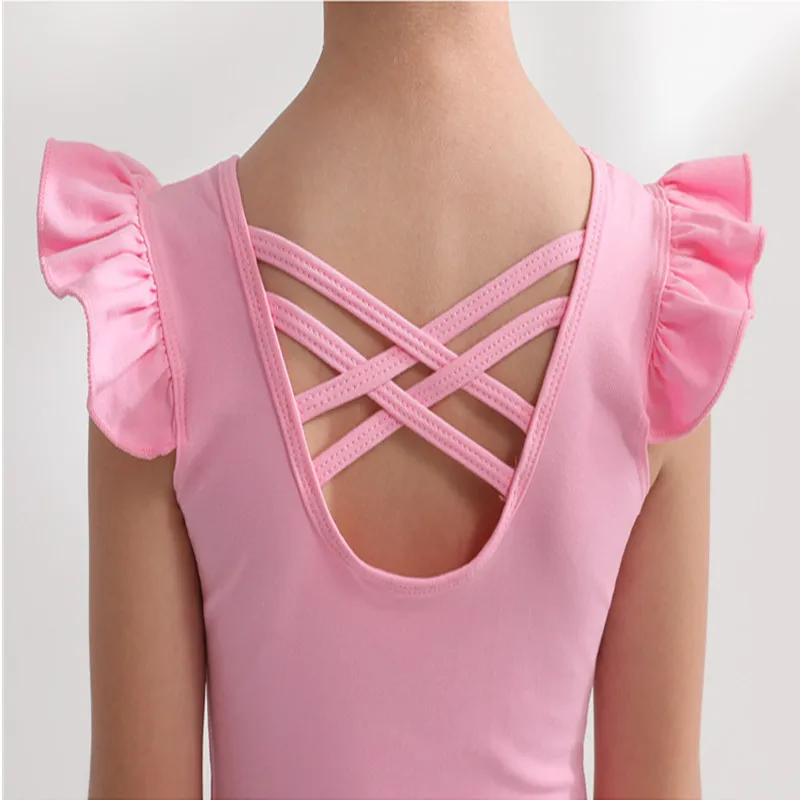 Children\'s Gymnastics Costume Girls Ballet Bodysuit Summer Fly Sleeve Cotton Toddler Criss Cross Figure Skating Princess Leotard