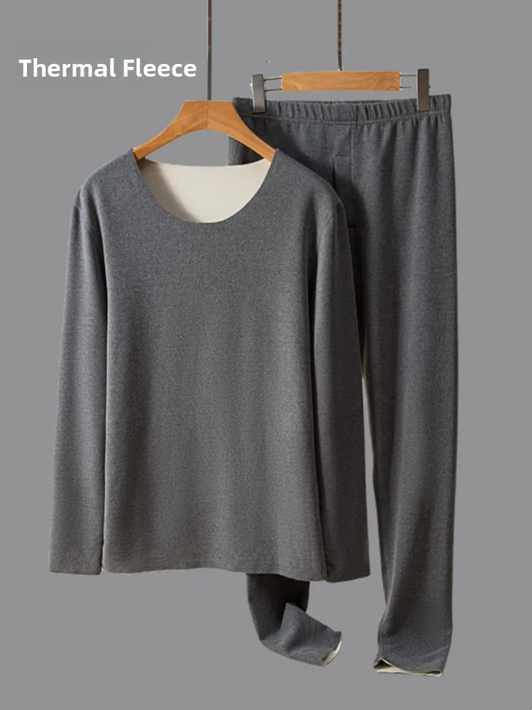 Men's Thermal Underwear Set Fleece Lined Thickened round Neck Long Sleeve Base Shirt And Pants Two Piece Set for Autumn Winter