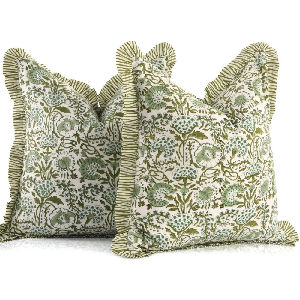 Agate Green Ruffle Throw Pillow Covers for Couch, 24x24 Inch Cotton Stripe Ruffle Couch Pillows for Living Room