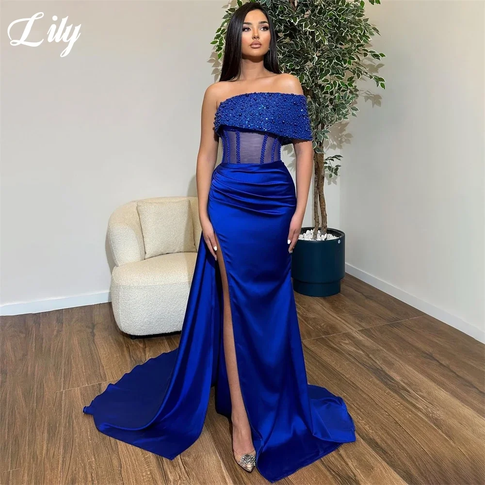 Lily Navy Sexy Off-Shoulder Prom Dress Hollow pearls Evening Gown for Woman Satin Side Split Mermaid Evening Dresses Customized