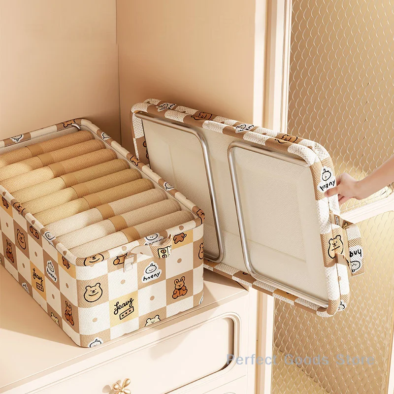 Caja de almacenamiento de ropa con marco de acero de oso de dibujos animados, cesta de almacenamiento para dormitorio, armario, caja de almacenamiento de tela para ropa, nuevo