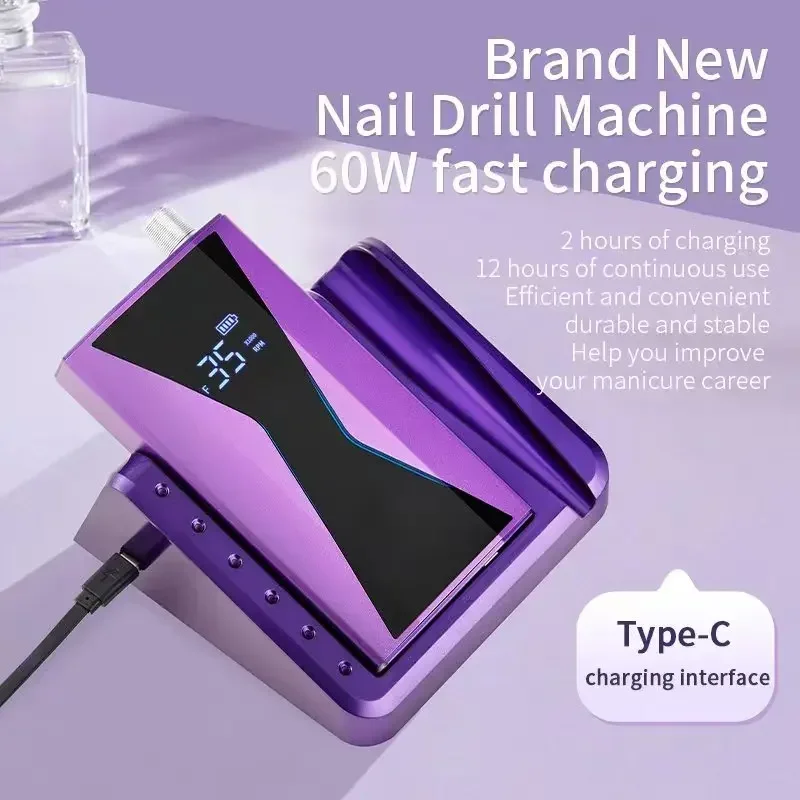 Brushless máquina elétrica prego broca, recarregável, portátil, profissional, 40000RPM, 3 cores, roxo, Nail Art