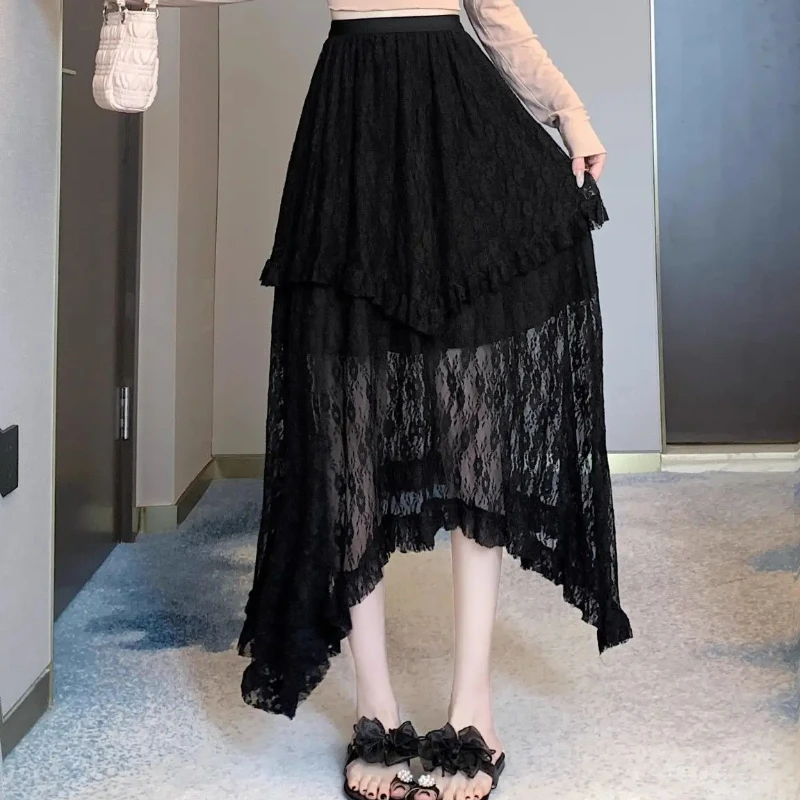 

Black Lace Asymmetrical Skirt for Women Korea Fashion Y2k Vintage Midi Irregular Skirt Female France Style Ruffle Chic Clothes