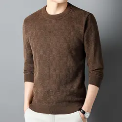 Spring Fashion High End Warm Maillard Men's Warm Round Neck Sweater Solid Patchwork Screw Thread Loose Knitted Long Sleeved Top