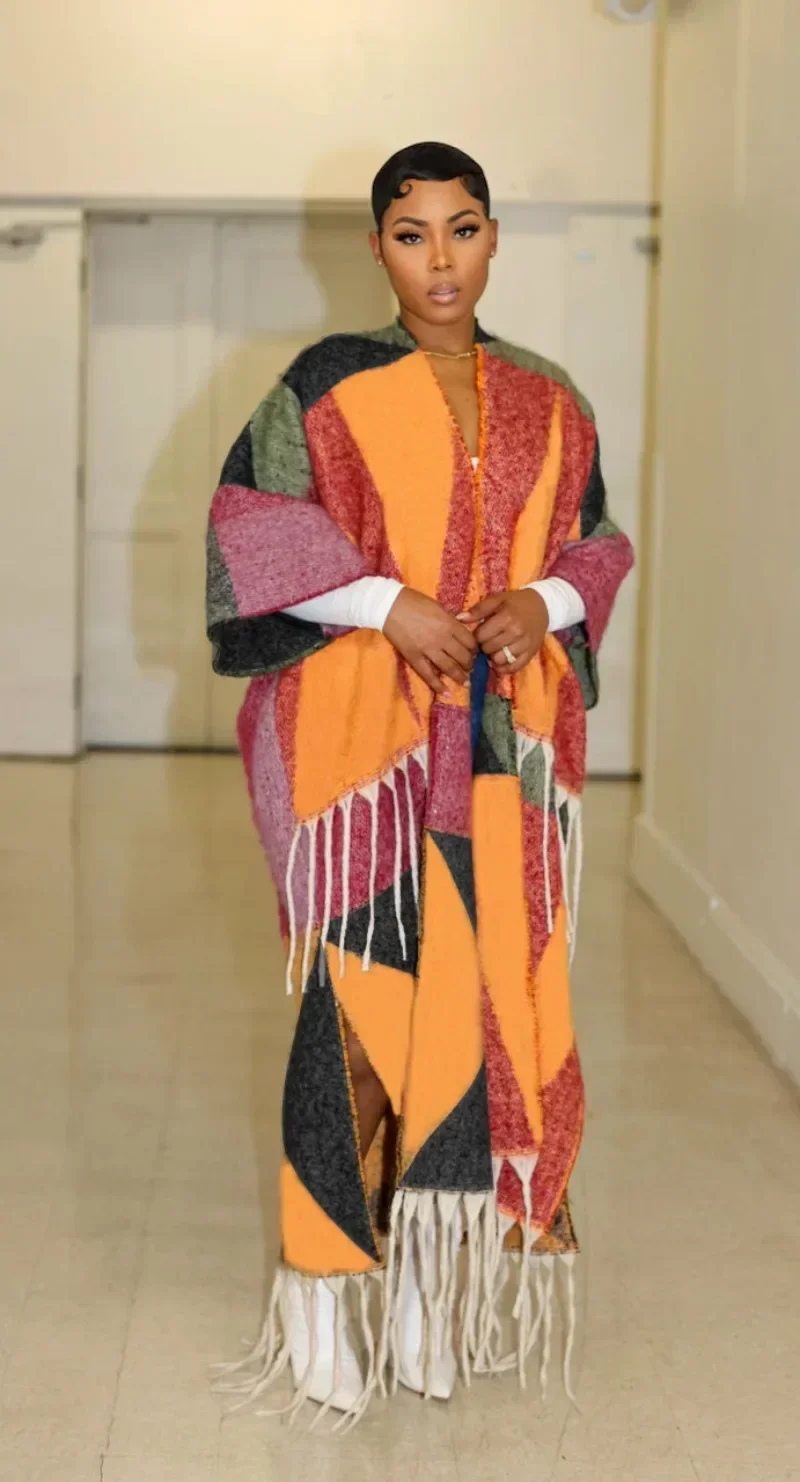 GUWU الخريف الشتاء محبوك سترة سترة عباءة الرأس النساء ملابس خارجية المرقعة شرابة هيم المفتوحة غرزة فضفاضة القوطية معاطف