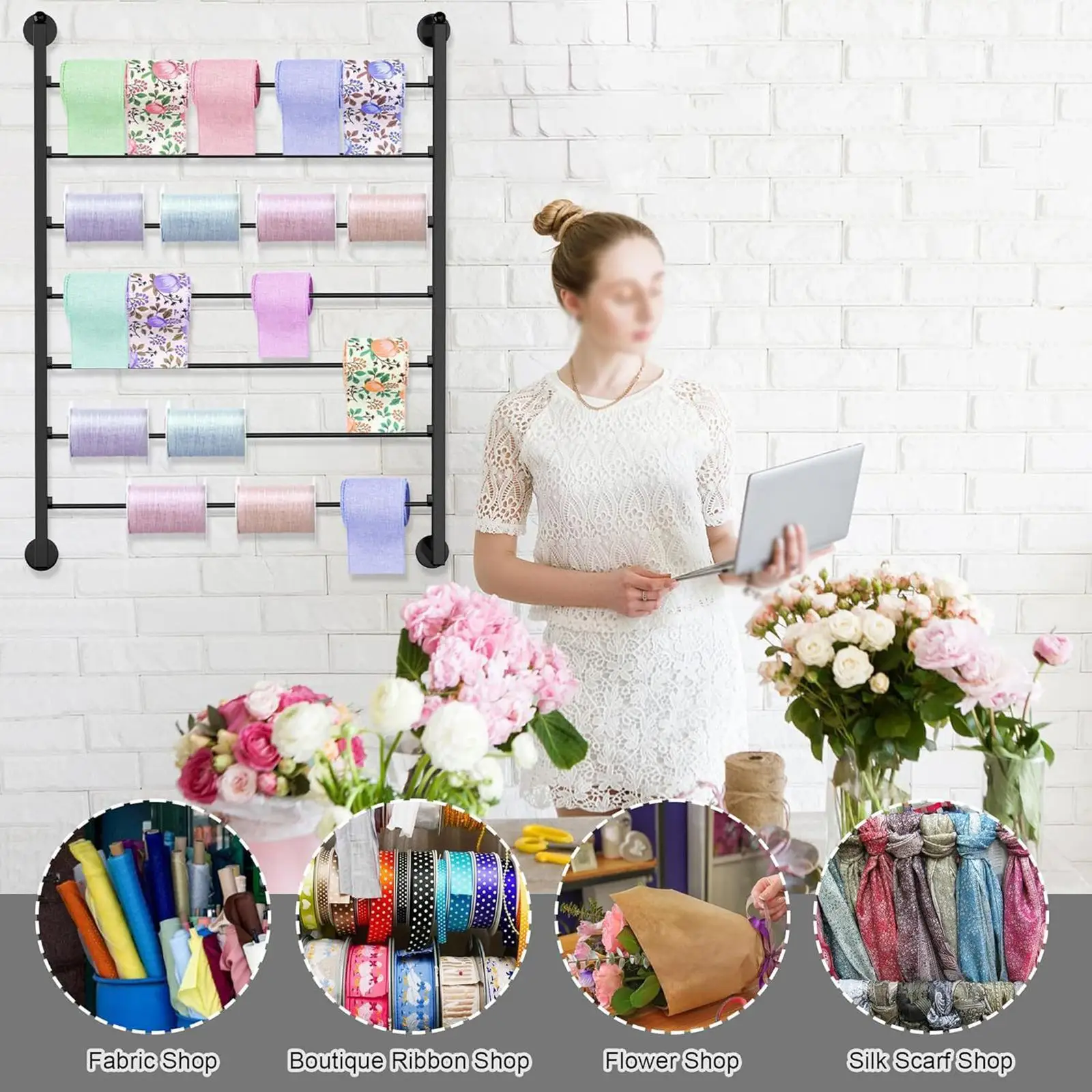 

Wall Mounted Ribbon Organizer Storage Rack, 7 Layer, Ribbon Roll Display Shelf Holder for Sewing Craft Room Flower Store