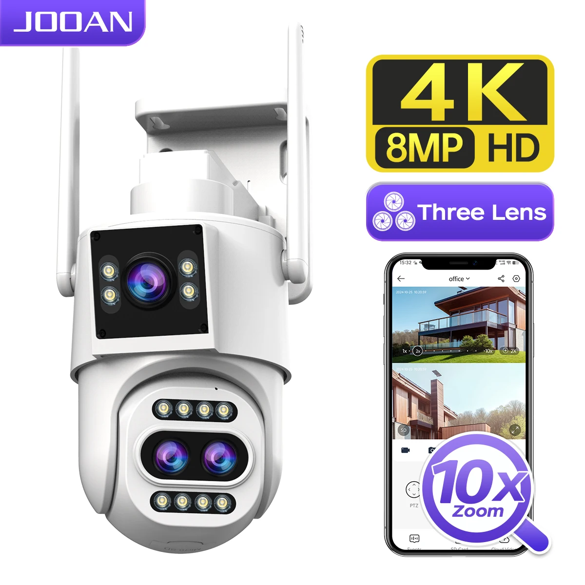 JOOAN 4K 8MP WiFi Surveillance Camera 10X Opticial Zoom Outdoor 3-Lens Dual Screen Security IP Cameras Auto Tracking CCTV Camera